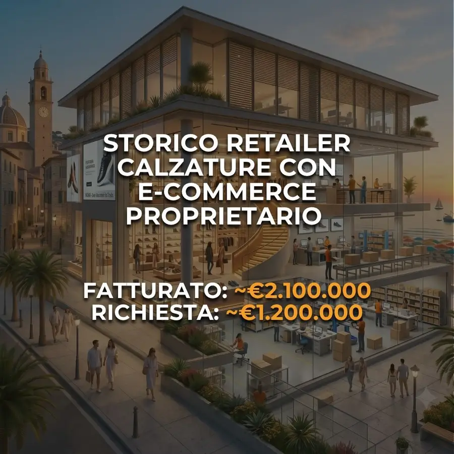 Promotional banner over a glass-walled shopping center at dusk with Italian text about Storico Retailer and e-commerce figures: ~€2.1M revenue, ~€1.2M orders.