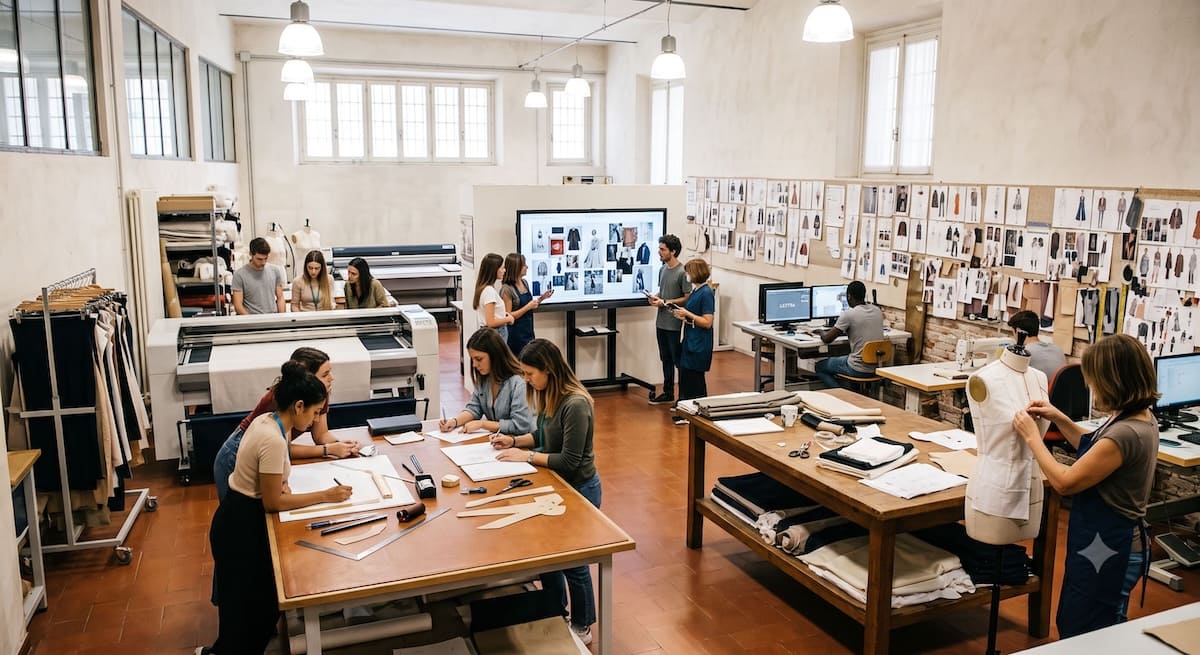 Design studio with students drafting patterns at a central table, surrounded by sewing mannequins, printers, and walls full of garment sketches/boards.