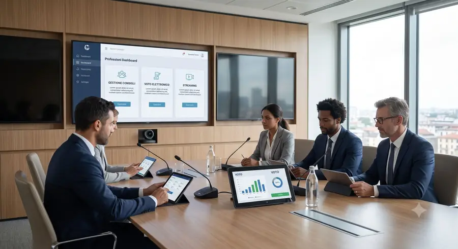 Business meeting in a modern conference room with five professionals in suits using laptops and tablets while a dashboard is shown on a wall screen with charts and icons.